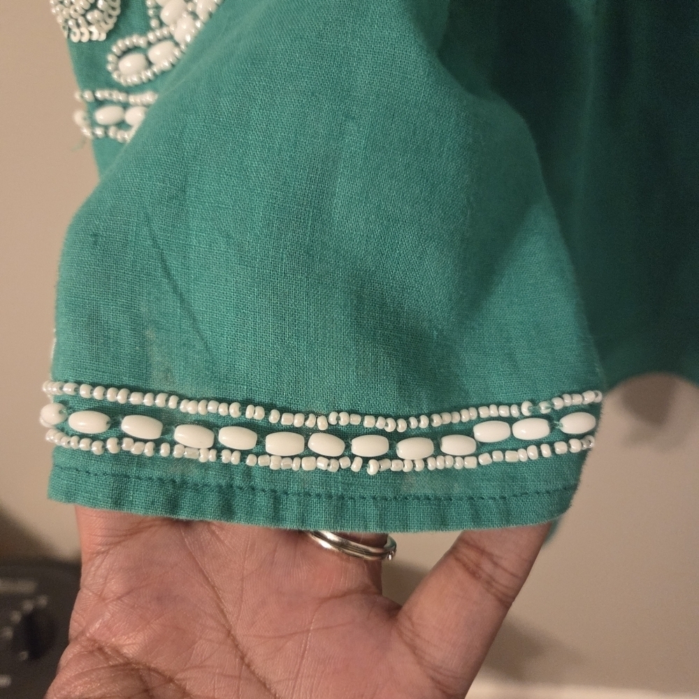 Chico’s Womans Green Linen Blend Beaded Tunic Top. Sz M Resortwear Swim Cover Up - Picture 7 of 9